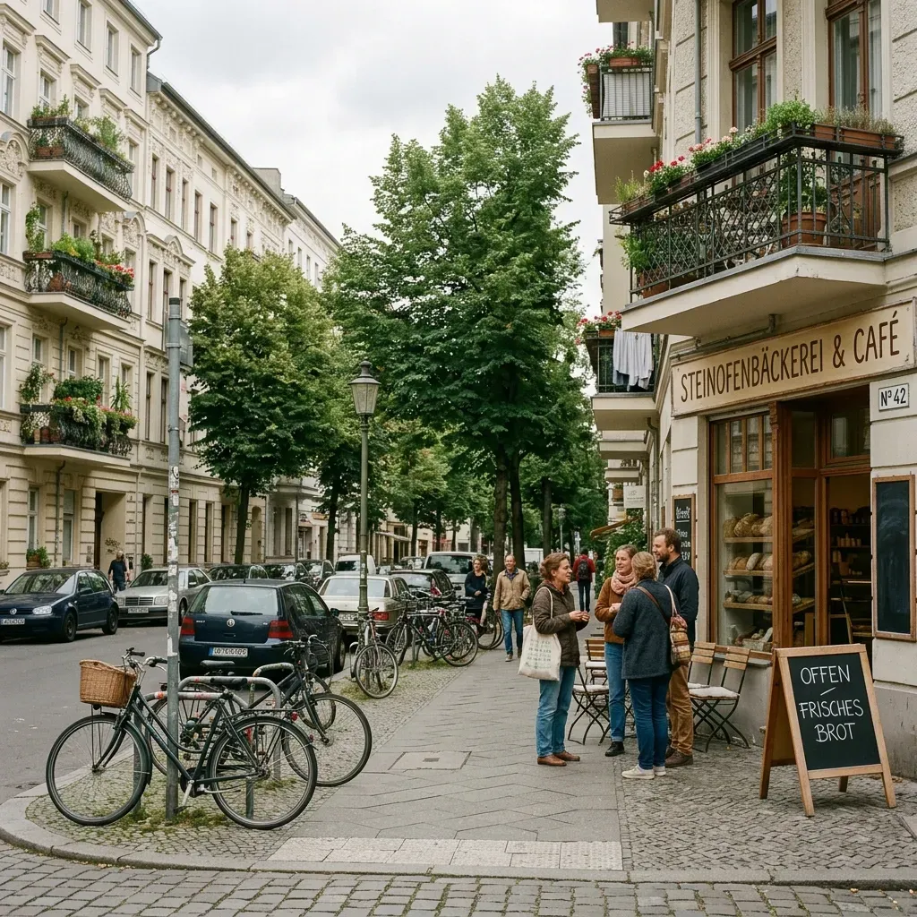 En lummig gata med klassiska Altbau-lägenheter i Berlin, typisk boendemiljö i Tyskland.