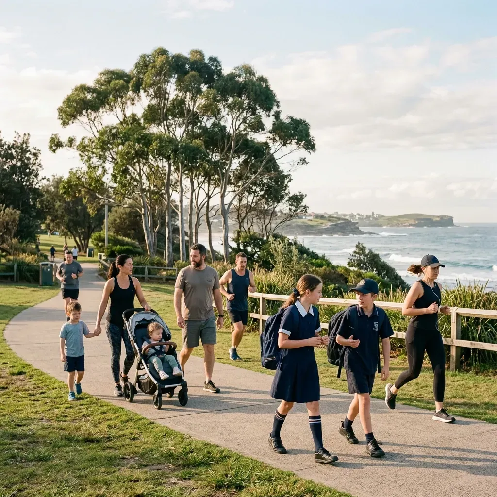 En typisk morgon på väg till skolan i ett australiskt bostadsområde.