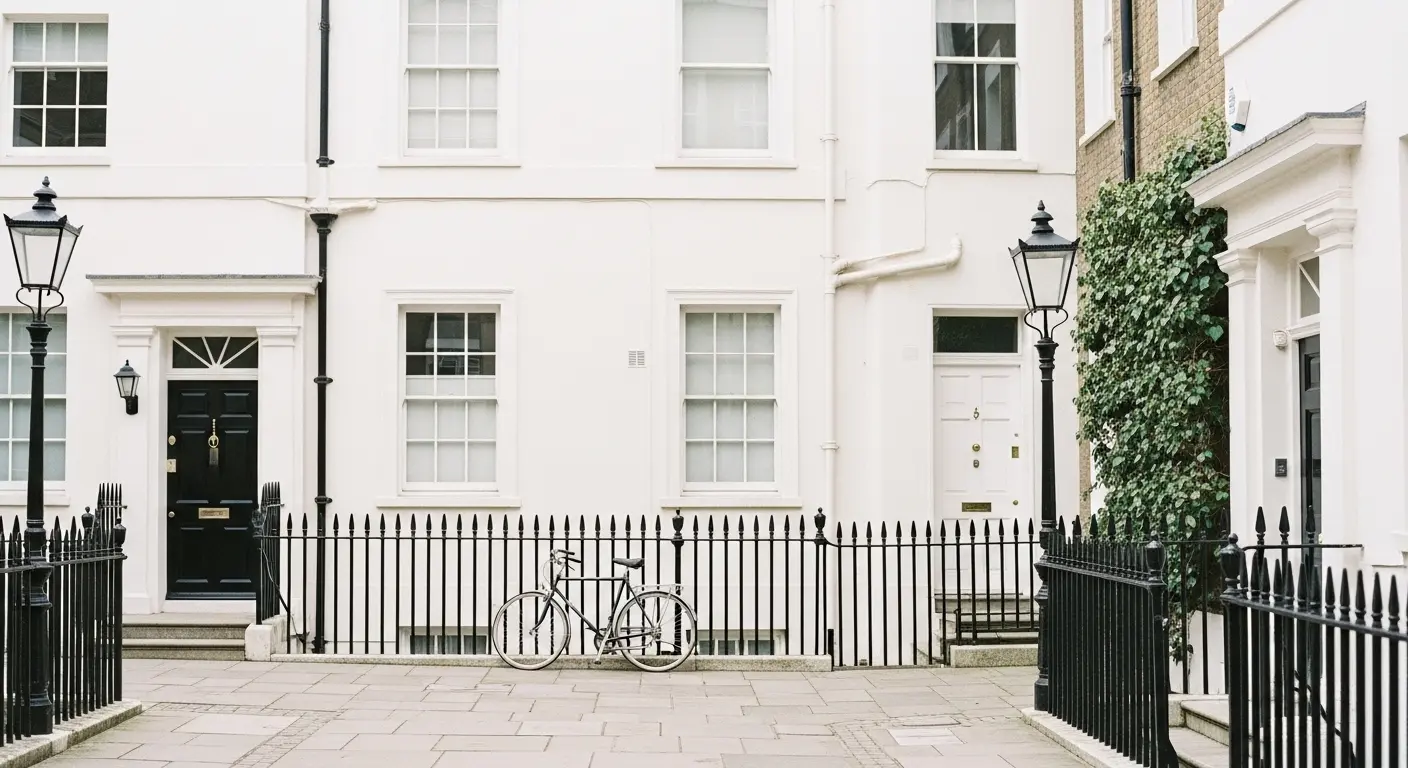 Lugn och elegant gata med klassisk arkitektur i London, perfekt inspiration för dig som ska flytta till London och söker boende.