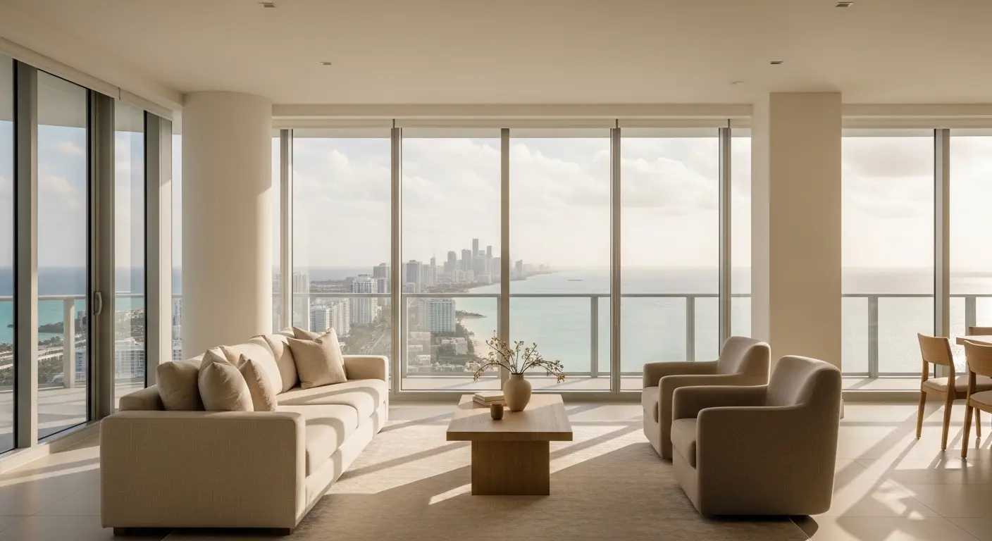 Ljus och modern lägenhet med utsikt över Miamis skyline, representativ för bostadsmarknaden och hyresnivåerna i populära områden som Brickell.