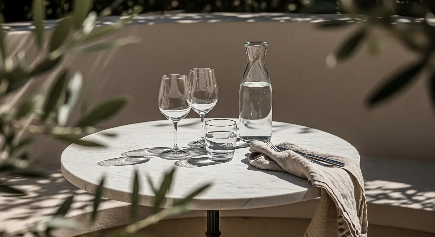 Ett elegant dukat cafébord i solen på den franska rivieran som symboliserar den viktiga franska lunchen och lokala sociala koder vid en flytt till Frankrike.