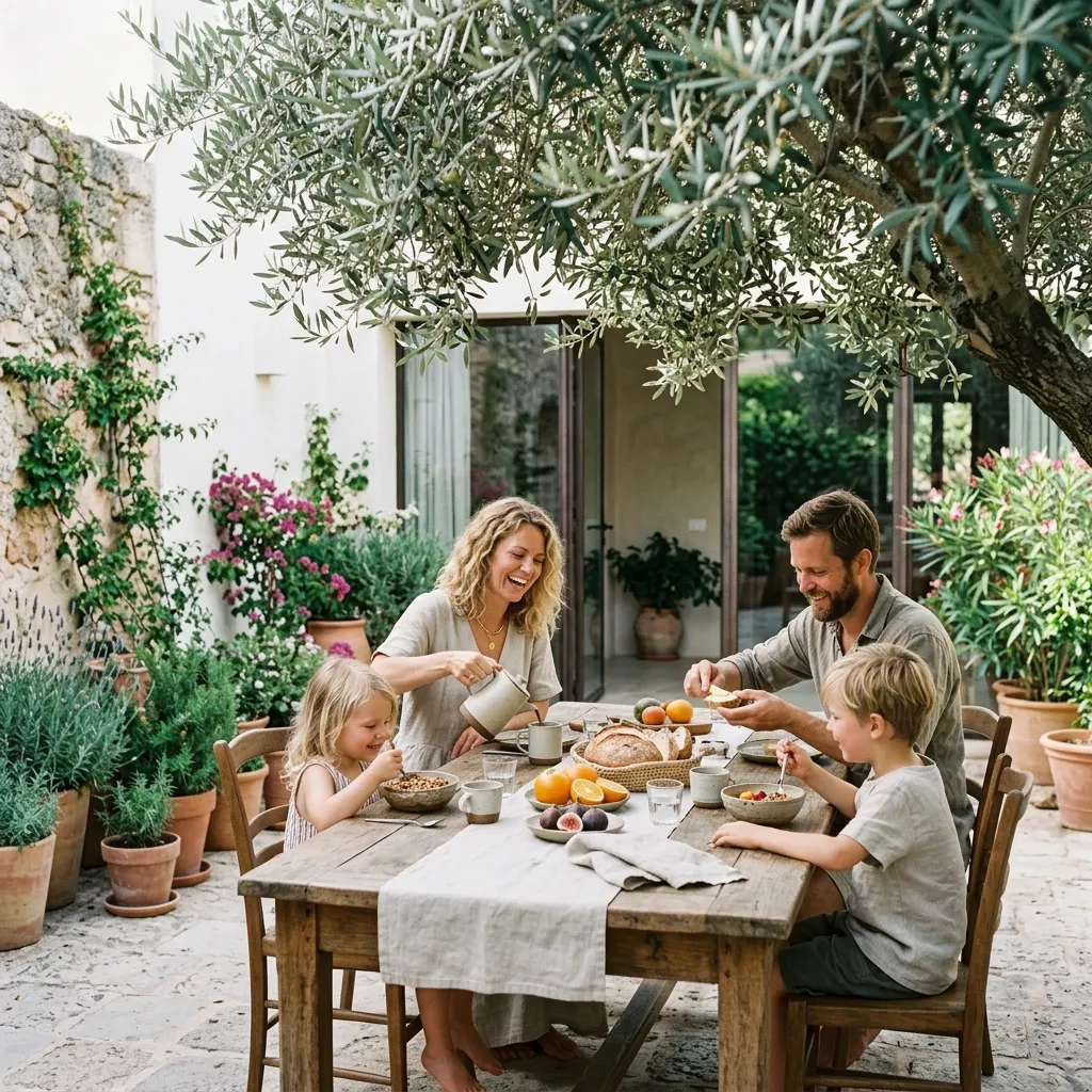 En familj äter frukost på en modern spansk innergård, en del av vardagslivet efter en flytt till Spanien.