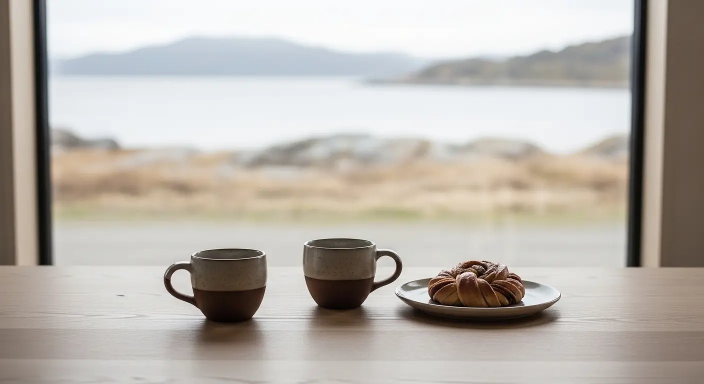Svensk fika med kaffe och kanelbulle i en lugn skandinavisk miljö, som representerar lagom och lokala sociala koder vid en flytt till Sverige.