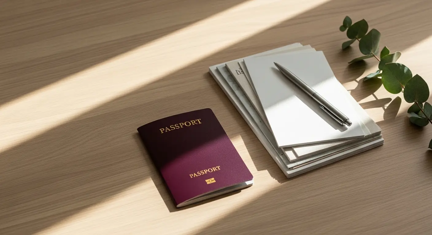 Ett pass och eleganta resehandlingar på ett ljust träbord bredvid en eukalyptuskvist, som representerar ansökan om visum och uppehållstillstånd i Australien.