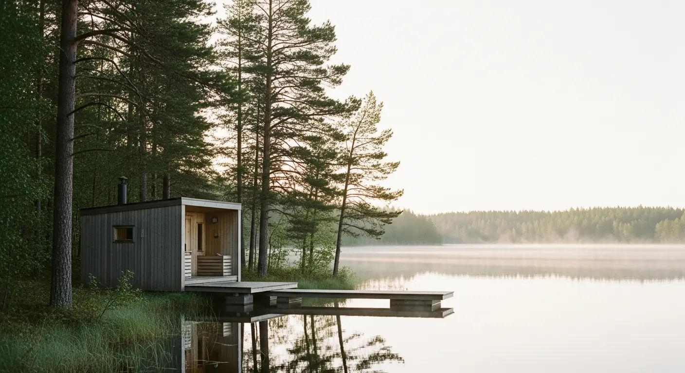 En harmonisk bastu vid ett finskt insjölandskap i Tammerfors som speglar den lokala kulturen och en balanserad livsstil.