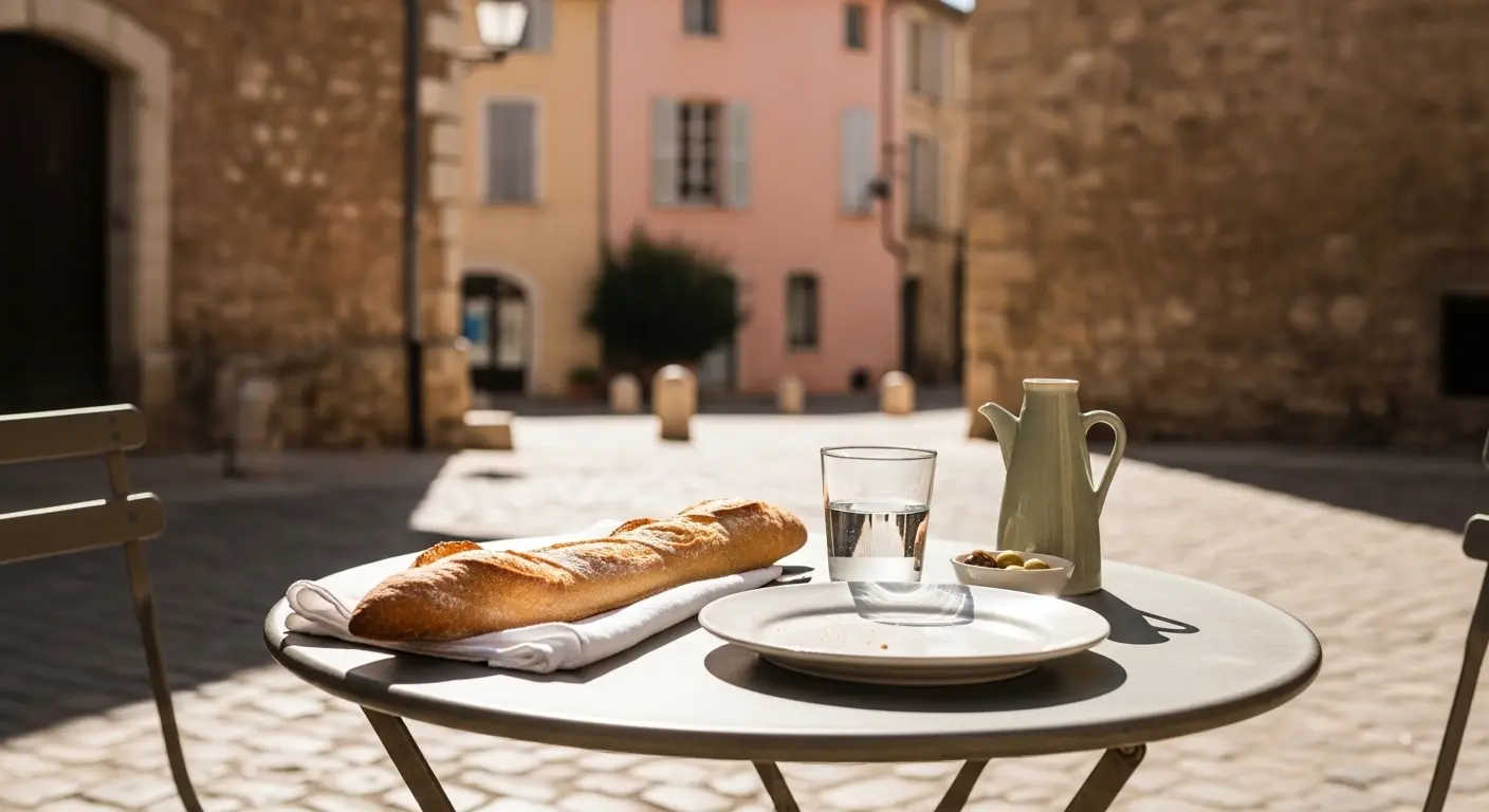Elegant dukat cafébord utomhus i Toulouse, som symboliserar den franska lunchkulturen och lokala sociala koder vid en flytt till Frankrike