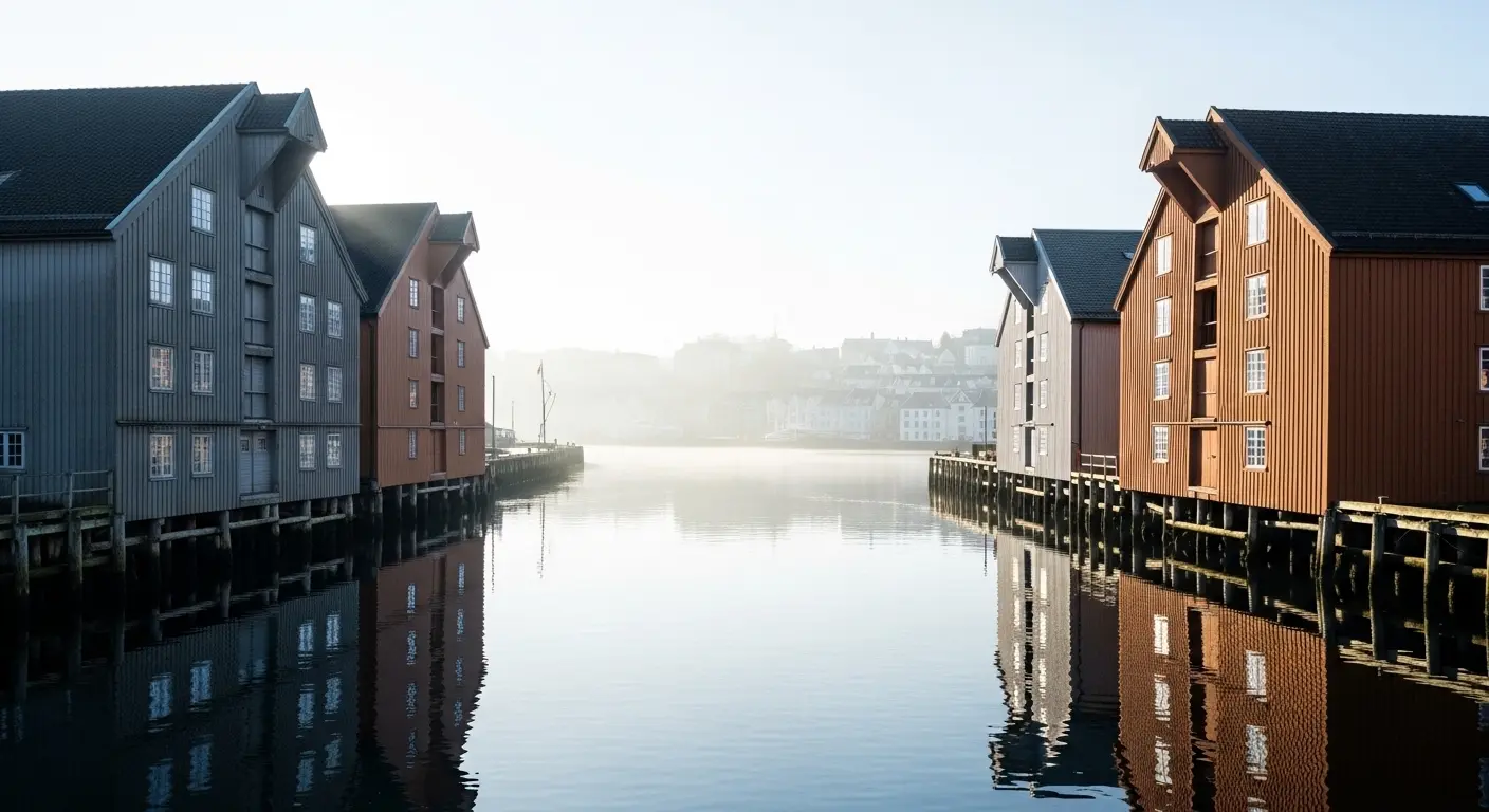 Vacker vy över de klassiska trähusen längs Nidelva i Trondheim, en inspirerande bild för dig som planerar att flytta till Norge och bo i stadsdelen Bakklandet.