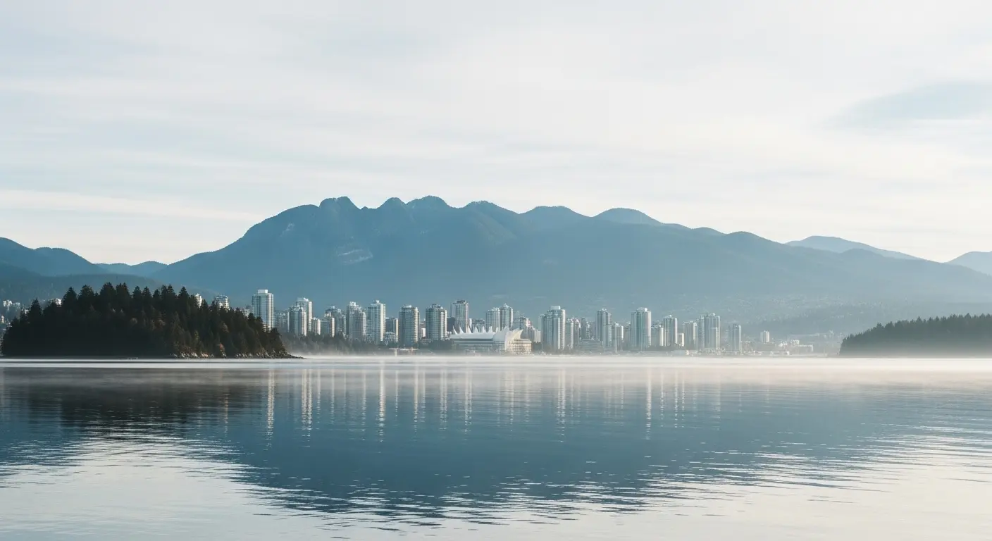 Minimalistisk vy över Vancouvers stadssiluett där hav möter berg. Inspiration för dig som planerar att flytta till och bo i Vancouver, Kanada.
