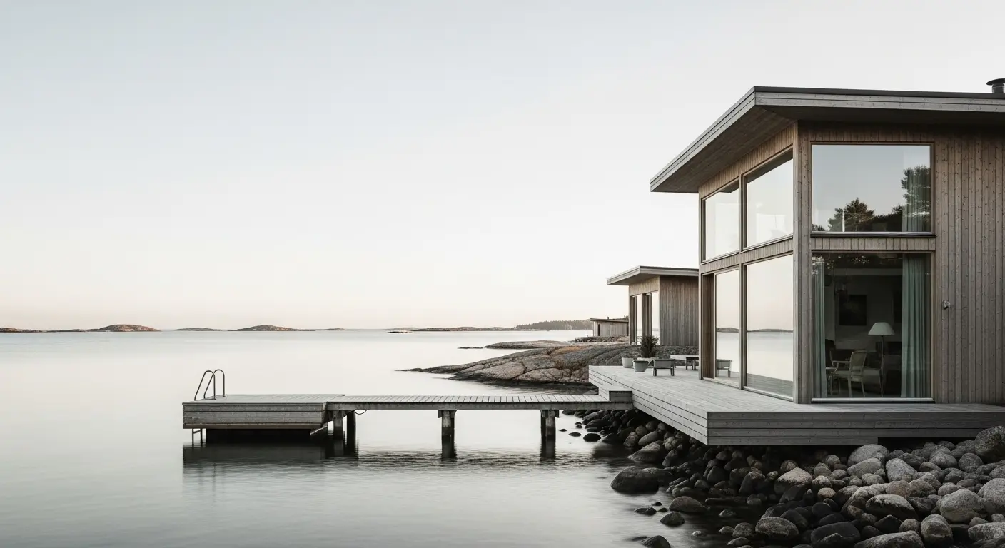 Exklusivt boende vid havet i Vasas skärgård, Finland. En bild som speglar den höga livskvaliteten och den naturnära bostadsmarknaden vid en flytt till Vasa.