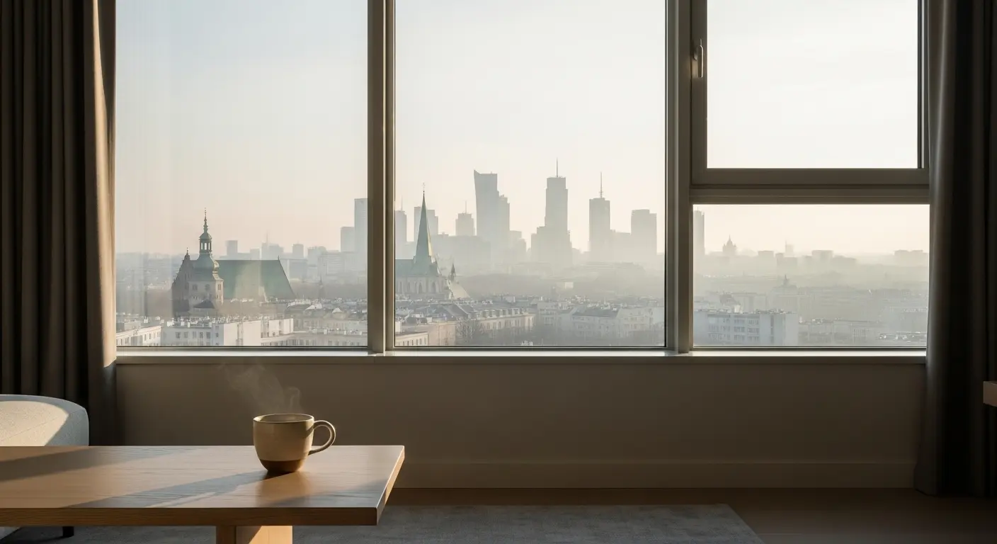 Ljus och modern lägenhet med utsikt över Warszawas skyline. Inspiration för boende och livsstil för dig som planerar att flytta till Warszawa.
